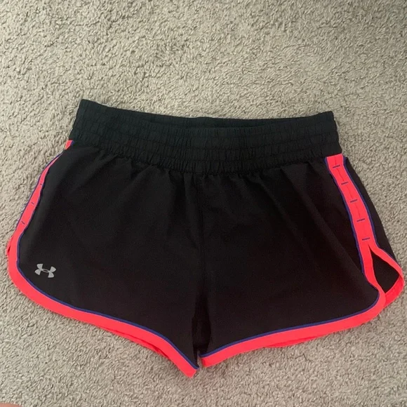 Black Under Armor Shorts with Neon Coral Trim - Picture 1 of 4